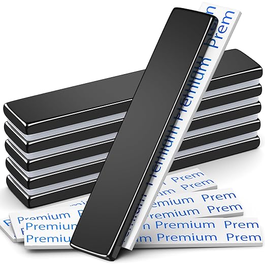 6 Pack Super Strong Neodymium Bar Magnets with Double-Sided Adhesive, Strong Magnet Heavy Duty, Magnets with Adhesive Backing for Fridge, Whiteboard - 60x10x3mm - Black