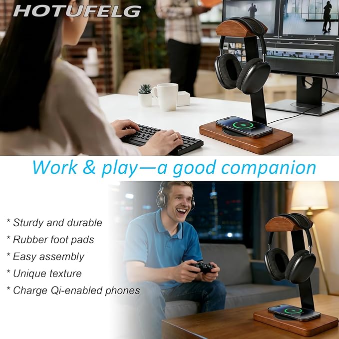 Solid Wooden Headphone Holder, Universal Headset Stand with Wireless Charger for Desk, Wireless Charger Headphone Holder for Gaming Desk Compatible with iPhone Samsung (Black)