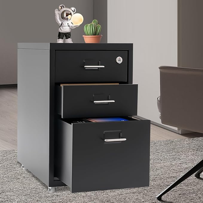 3 Drawer Mobile File Cabinet with Lock, Under Desk Rolling Filing Cabinets with Tag Jacks, Lockable Vertical File Cabinet for Home Office, Easy Assembly (Black)
