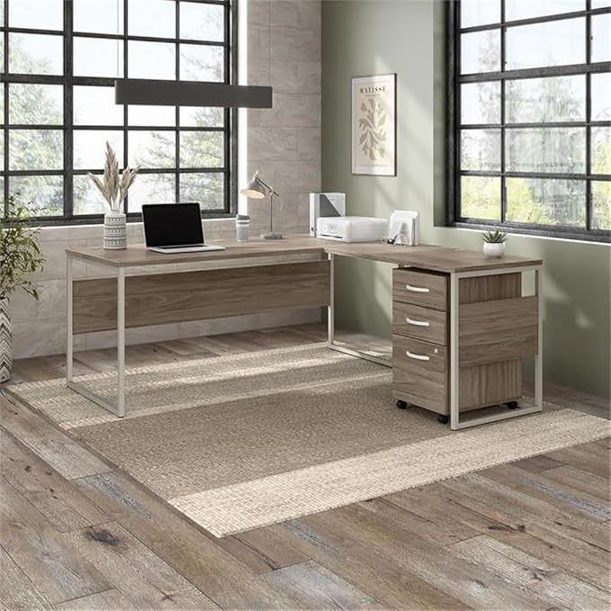 Bush Business Furniture Hybrid L Shaped Table Desk with Mobile File Cabinet, 72W x 30D, Modern Hickory