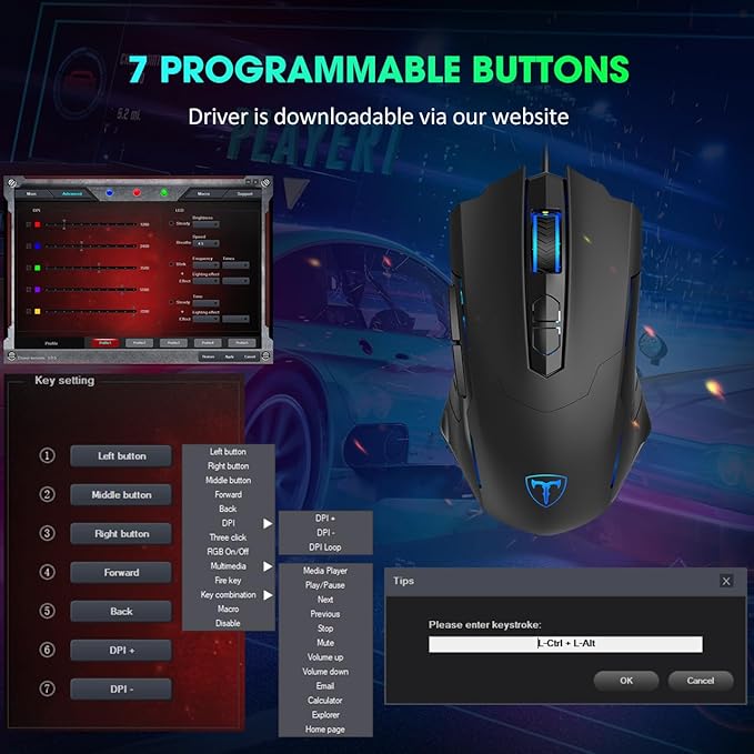 Wired Gaming Mouse, Computer Mouse Wired RGB LED with 7200 Adjustable DPI, 7 Programmable Buttons, USB Ergonomic PC Gaming Mice for Laptop Gamer Office