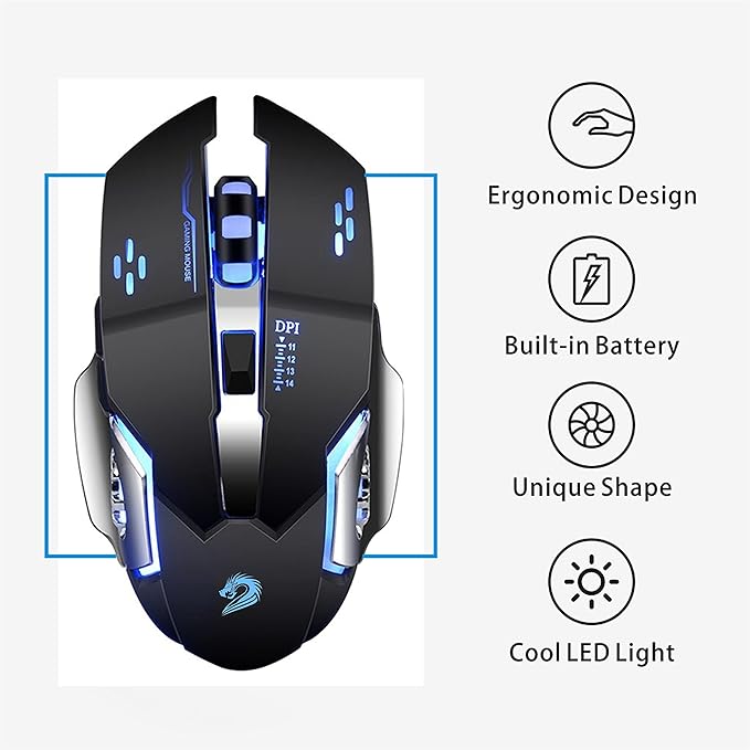 Uciefy Q85 Rechargeable Wireless Gaming Mouse, 2.4G LED Optical Silent Wireless Computer Mouse with 4 LED Light, 3 Adjustable DPI, Ergonomic Design, Auto Sleeping (Black)