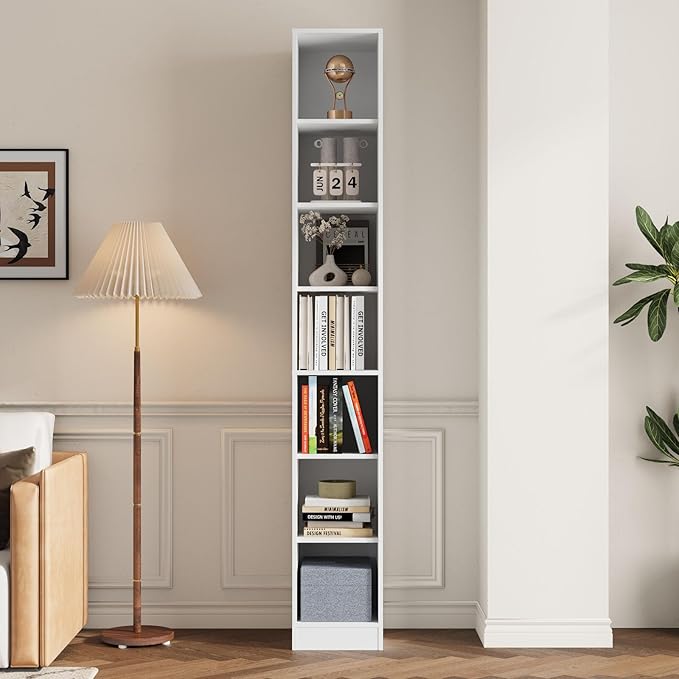 TUSY 85.5 Inch Tall Bookshelf with Doors - 7 Tier Bookcase with Glass Doors and Drawer, 23.6" Wide Storage Cabinet with Open Shelves for Living Room, White Book Shelf for Home Office, Study (C)