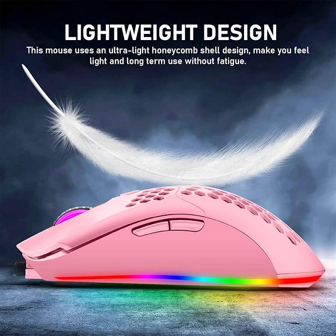 Lightweight Gaming Mouse,26 kinds RGB Backlit Mice,PixArt 3325 12000 DPI Mouse,Ultralight Honeycomb Shell Ultraweave Cable Mouse and Anti-key Can Be Set for PC Gamers and Xbox and PS4 Users(Pink)