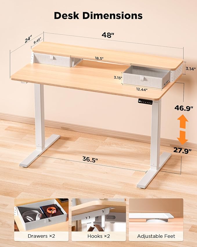 FiCiHi 48x24 Inch Standing Desk with Drawers, C-Clamp Mount Compatible, Electric Adjustable Height Computer Stand Up Desks, Home Office Sit Stand Table with 3 Preset Heights, Maple