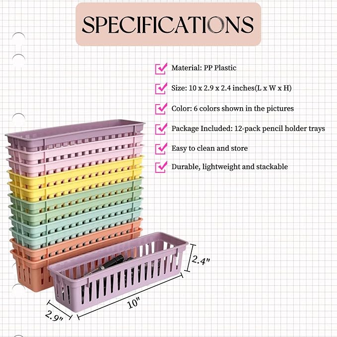 RAUVOLFIA 12 Pack Classroom Pencil Organizer Pencil Basket or Crayon Basket, Small Pencil Holder Tray for Kids Desks (Boho)