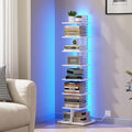 TUTOTAK Narrow Bookshelf, 8-Tier Bookcase with LED Lights, Spine Book Shelf for Small Space, Corner Standing Shelf for Living Room, Office, Study, Entryway, White BS06BW008L