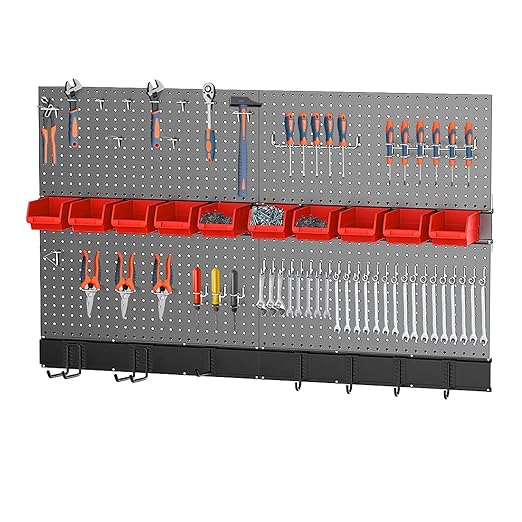 Peg Board Wall Organizer, Metal Pegboard Organizer Kit, 4 Metal Pegboard Panels(12"x24") with 64 Accessories, Wall Mount Large Peg Board Kit with Hooks, Bins for Garage, Workbench, Home