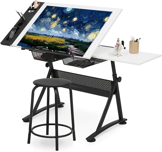 Drafting Table with Height Adjustable Wood Top, Drawing Table with Storage Drawers, Extendable Design, Art Desk Ideal for Drawing, Painting, Writing, Home Office, White