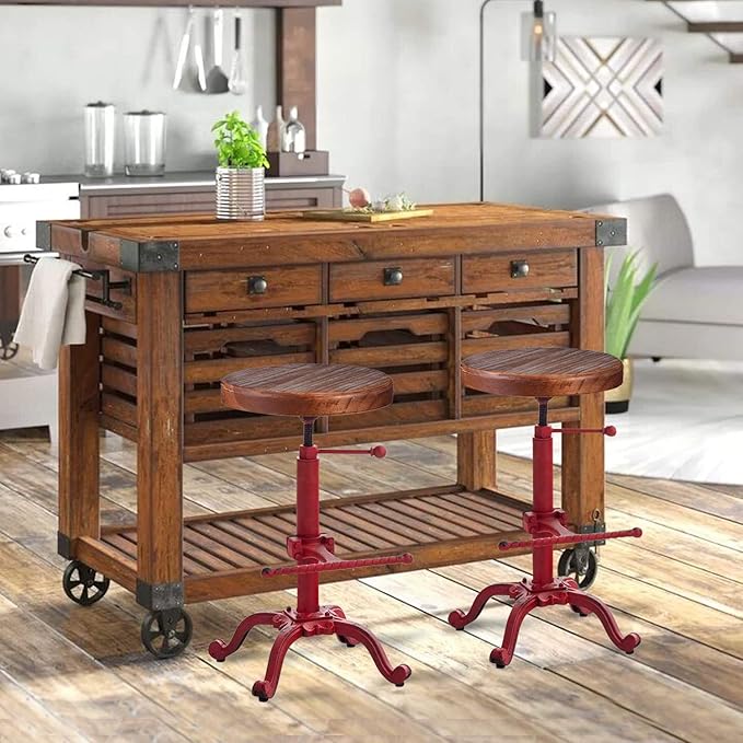 Topower Industrial Retro Vintage Farm Wooden Tractor Stool Kitchen Swivel Height Adjustable Bar Stool (Antique Red)