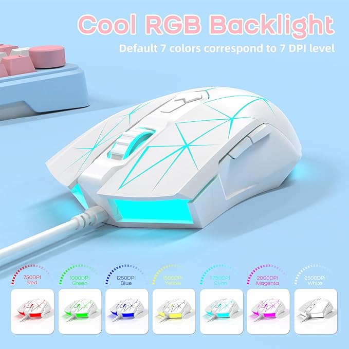 FELICON RGB Lightweight Gaming Mouse, Programmable 7 Buttons, Ergonomic LED Backlit USB Gamer Mice Computer Laptop PC, for Windows Mac OS Linux(Star White)