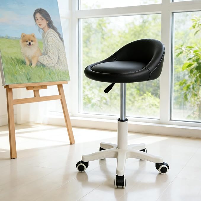 Swivel Rolling Stool with Wheels, Height Adjustable PU Leather Drafting Chair, Round Seat for Salon, Spa, Tattoo, Office, Home Use Black Set of 1