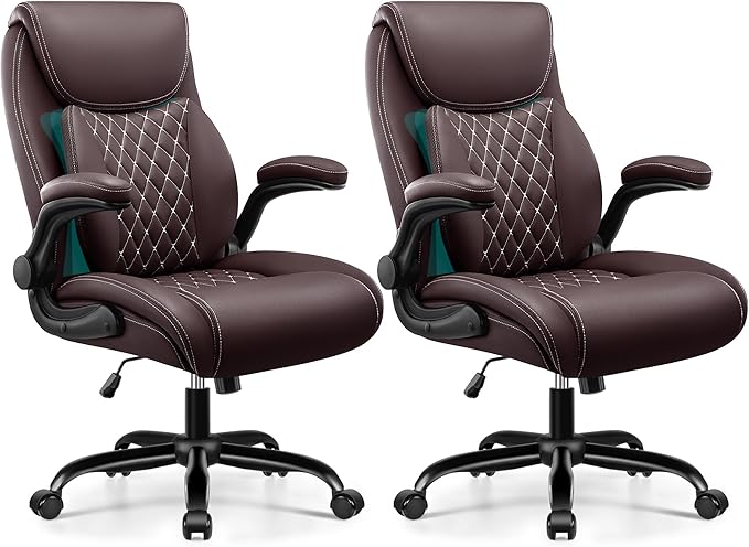 BESTFAIR Office Chair, Ergonomic Computer Desk Chairs with Lumbar Support for Lower Back Pain Relief, Executive Leather Home Chair Comfy with Padded Flip-up Armrests, Coffee, 2-Pack