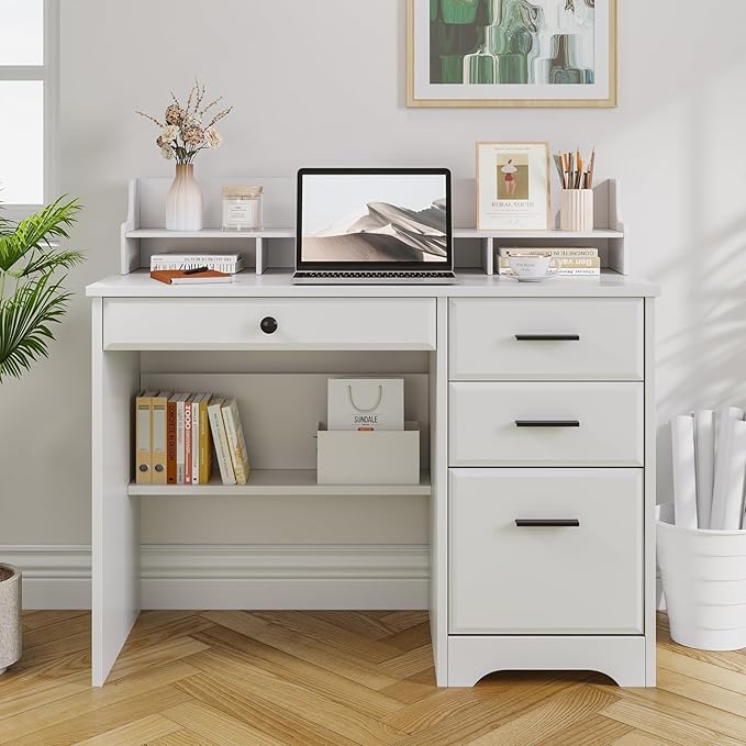 4 EVER WINNER White Desk with Drawers, 44 Inch Small Computer Desk with File Drawer and Monitor Stand, Wood Desk with Storage Shelf for Small Spaces, Living Room, Bedroom, White