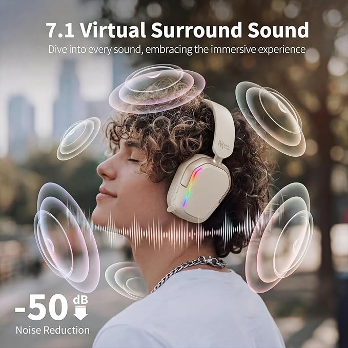 RK Royal Kludge HG101 Wireless Gaming Headset, 7.1 Surround Sound, Stereo Wired Headphones with Retractable Mic, Bluetooth5.3, RGB, Memory Foam Ear Pads, Works with PC, PS4, PS5, Switch, Platinum Grey
