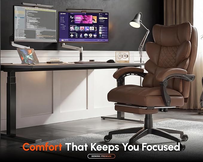 Dowinx Big and Tall Office Chair with Pocket Spring Cushion,High Back Computer Gaming Chairs with Linkage Armrests,Executive Desk Chairs with Footrest,PU Leather-Brown