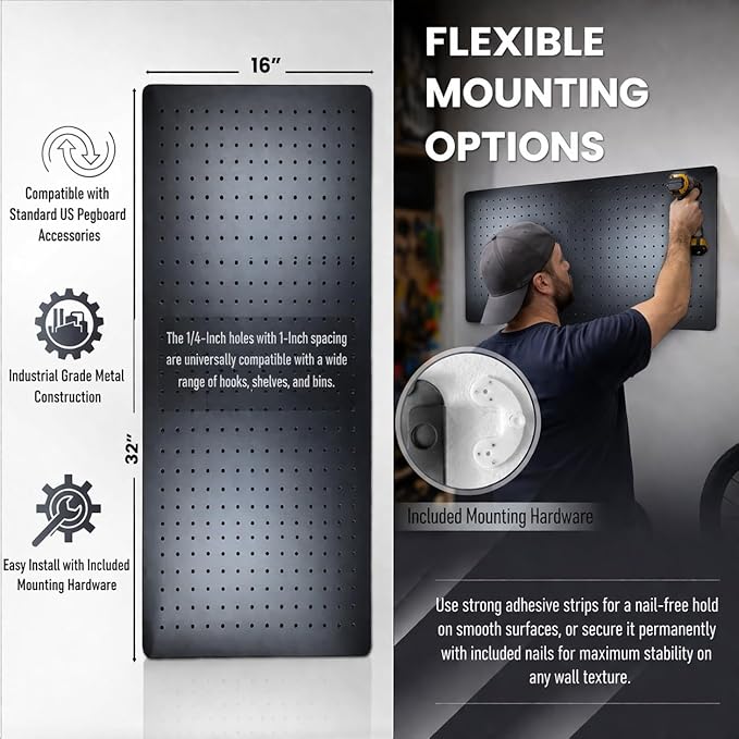 Metal Peg Board, 32x16 Inch Heavy Duty 1mm Thick Metal Pegboard Panels, 1-Inch Hole Spacing - Perfect for Use in Kitchens, Bedrooms, Craft Rooms, Garages - Easy Wallmount