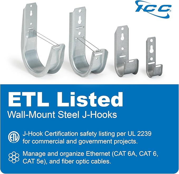 ICC 2” Wall Mount J - Hook with Retainer Clip for Structured Cabling - Galvanized Steel Cable Management Hooks, Available in Multiple Sizes - Rust-Resistant, TIA/EIA Compliant- 25-Pack