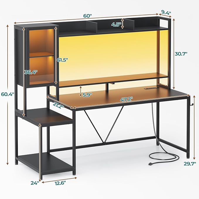 SEDETA Gaming Desk, 60'' Gaming Desk with Hutch and LED Lights, Computer Desk with Storage Shelves, Large PC Gamer Desk with Display Cabinet, Monitor Stand, Power Outlet for Home Office, Black