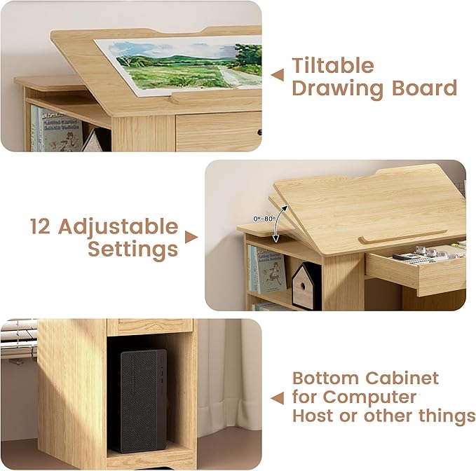 Drafting Table with Storage Cabinet & Drawers, Adjustable Drawing Table with Open Shelves, Craft Art Desk for Artists, Painters, Drawing, Crafting, Reading, Writing, Working