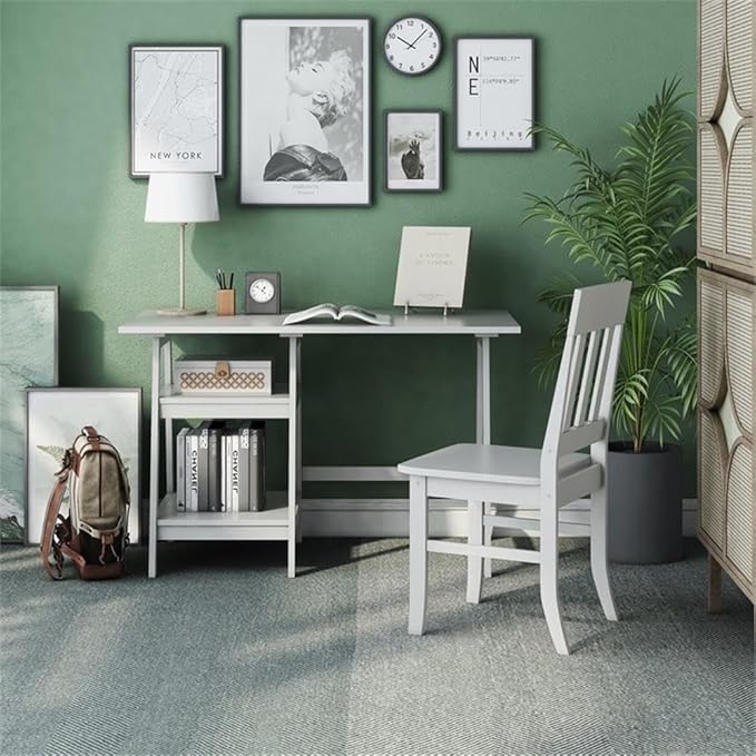Pemberly Row Wood Writing Desk and Chair Set, 2-Piece, White Finish, Rubber Wood and MDF, 47 in Desk with Shelves, Cottage Style Home Office Furniture for Study or Work Station