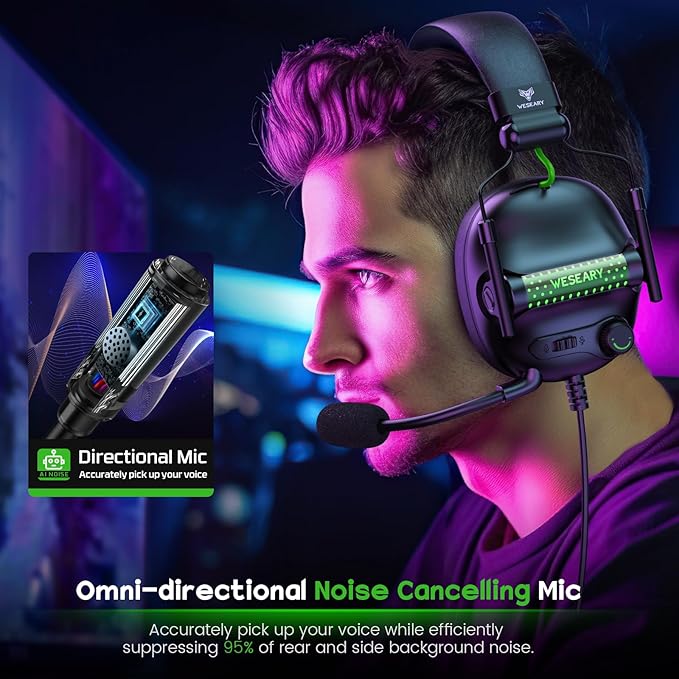 WESEARY Wired Gaming Headset for Xbox, PS5, PS4, Switch, PC, Mobile, Surround Sound Gaming Headphones with ENC Noise-Canceling Mic, 50mm Drivers for Atari 2600 Accessories, Soft Memory Foam Earcups