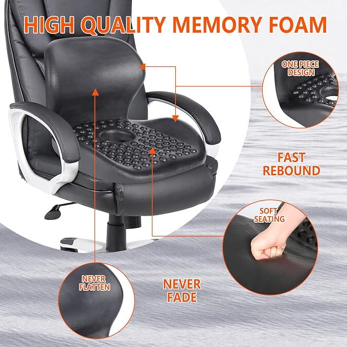 CHIYI Orthopedic 2-in-1 Seat Cushion One-Piece with Lumbar Support 100% Memory Foam - Lower Back, Coccyx, Sciatica Pain Relief - for Bleacher, Wheel/Camping/Office/Gaming Chair, Car Seat （Black）