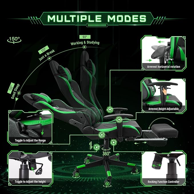 AA Products Gaming Chair High Back Ergonomic Computer Racing Chair Adjustable Gamer Chair with Footrest, Lumbar Support Swivel Chair – LightGreen