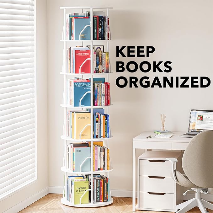 SpaceAid 6 Tier Rotating Bookshelf Tower, 360 Display Stackable Spinning Bookcase, Space Saving Revolving Round Book Shelf, Floor Standing Swivel Corner Organizer, White