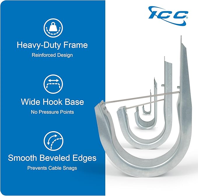 ICC 2” Wall Mount J - Hook with Retainer Clip for Structured Cabling - Galvanized Steel Cable Management Hooks, Available in Multiple Sizes - Rust-Resistant, TIA/EIA Compliant- 25-Pack