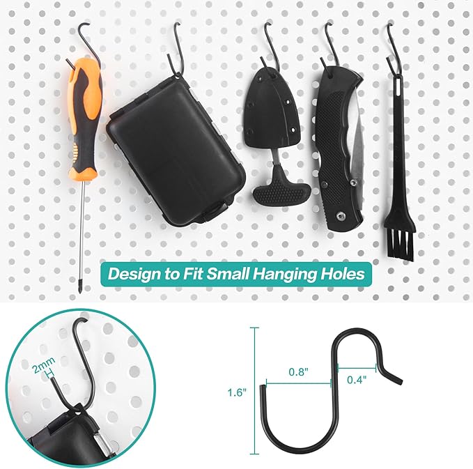 Small Pegboard J Hooks - 80pcs Metal Peg Board Hangers for Tiny Holes - Anti-fall Universal Fit Pegboard Wall Organizer Jewelry Tools Holders for Retailer Garage Craft Office Display Storage (Black)