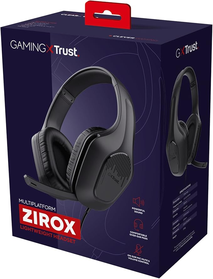 Trust Gaming GXT 415 Zirox Lightweight Gaming Headset with 50mm Drivers for PC, Xbox, PS4, PS5, Switch, Mobile, 3.5 mm Jack, 2m Cable, Foldaway Microphone, Over-Ear Wired Headphones - Black