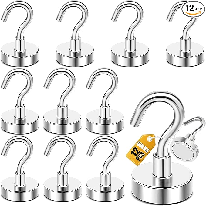 DIYMAG Magnetic Hooks,Silver 50 LB Heavy Duty Magnet with Hook,12 Packs Silver Strong Rare Earth Neodymium Magnets for Hanging, Magnetics Hanger for Curtain, Home, Kitchen, Workplace