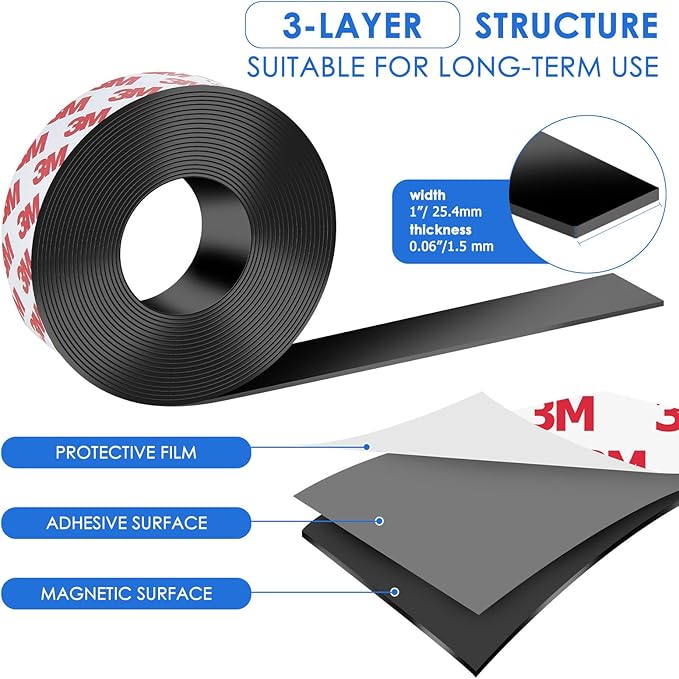 DTLHCNCT Flexible Rubber Magnetic Strip Roll - 1 Inch x 16 Feet Magnetic Tape with 3M Adhesive Backing for Easy Home and School Organization(0.06" Thick)