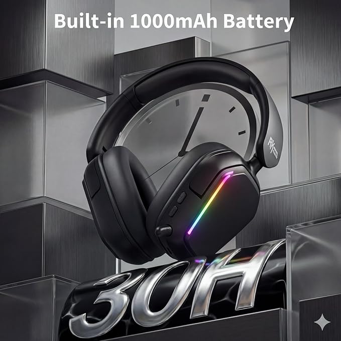 RK ROYAL KLUDGE HG101 Wireless Gaming Headset, 7.1 Surround Sound, Stereo Wired Headphones with Retractable Mic, Bluetooth 5.3, RGB, Memory Foam Ear Pads, Works with PC, PS4, PS5, Switch, Black