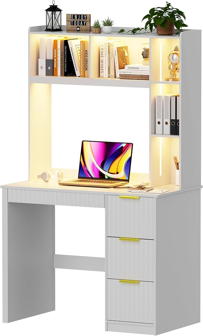 WOOVIVS Home Office Desk with Hutch & LED Lights - 39" Computer Desk with Charging Station, 3 Large Drawers, Hidden Compartment & Fluted Panel Design,White Writing Desk for Bedroom, Study