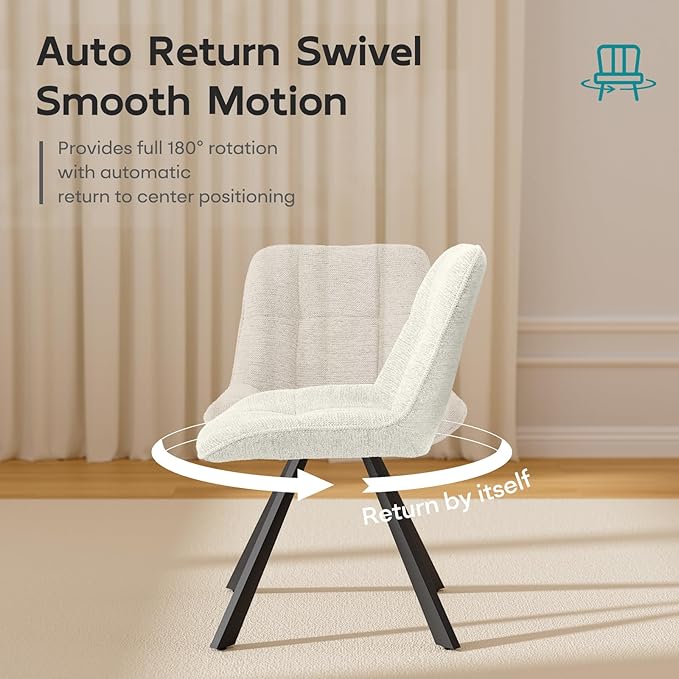 Small Desk Chair No Wheels, Swivel Velvet Vanity Chair No Arms, Armless Office Chair with Back and Metal Legs for Small Space, Bedroom, Home Office, Mid Century Modern, Cloud White