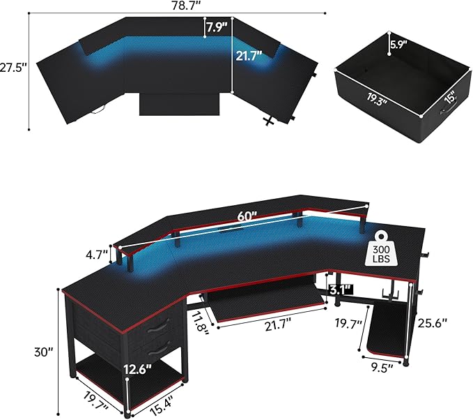 SEDETA 79" Gaming Desk, Computer Desk with 2 Fabric Drawers & LED Light, L Shaped Gaming Desk with Storage Shelf for Home Office, Carbon Fiber Black&Red