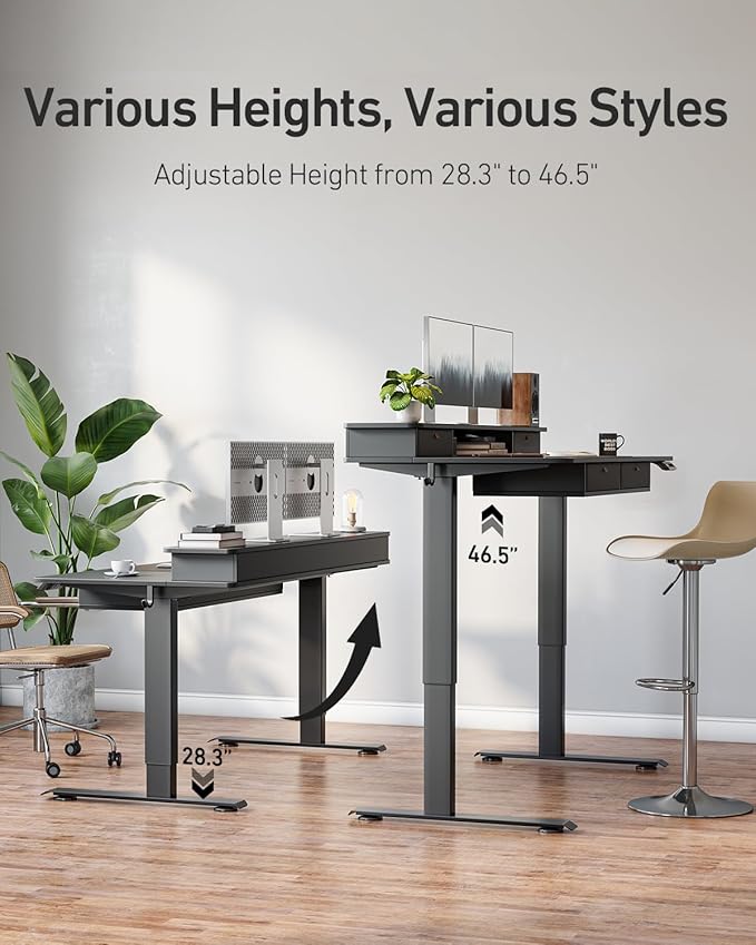 CubiCubi 55" x 30" Standing Desk with Drawers, Height Adjustable Electric Workstation, Computer Sit Stand Up Table with Large Storage Shelf 4 Drawers and 2 Hooks, Black