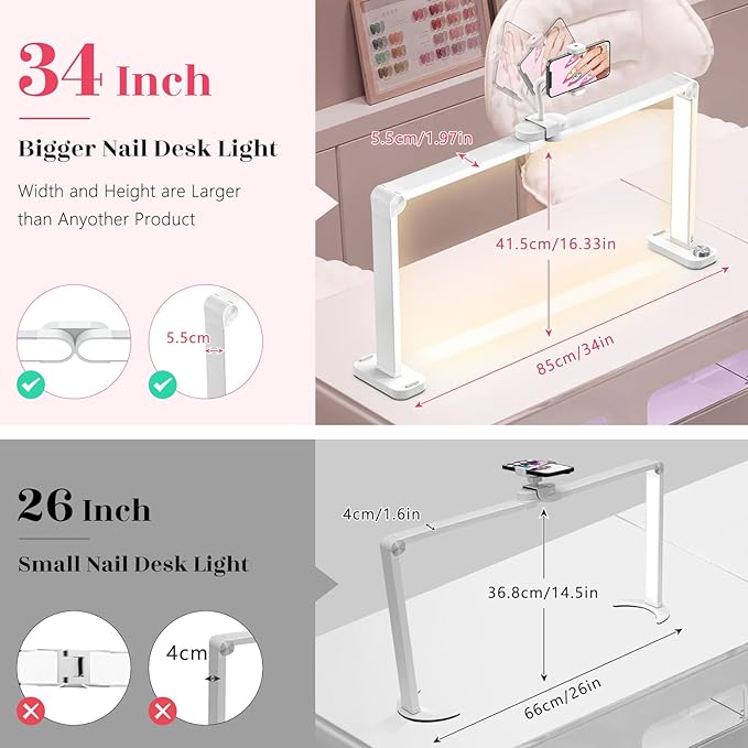 Yokilly 48W Half Moon Light: 34" Shadow-Free Half Moon Light for Desk Salon - Foldable LED Desk Lamp with Stepless Brightness 3000K-6500K for Manicurist Nail Tech (White, Large)