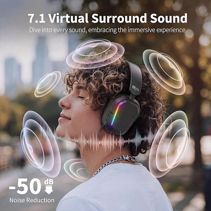 RK ROYAL KLUDGE HG101 Wireless Gaming Headset, 7.1 Surround Sound, Stereo Wired Headphones with Retractable Mic, Bluetooth 5.3, RGB, Memory Foam Ear Pads, Works with PC, PS4, PS5, Switch, Black