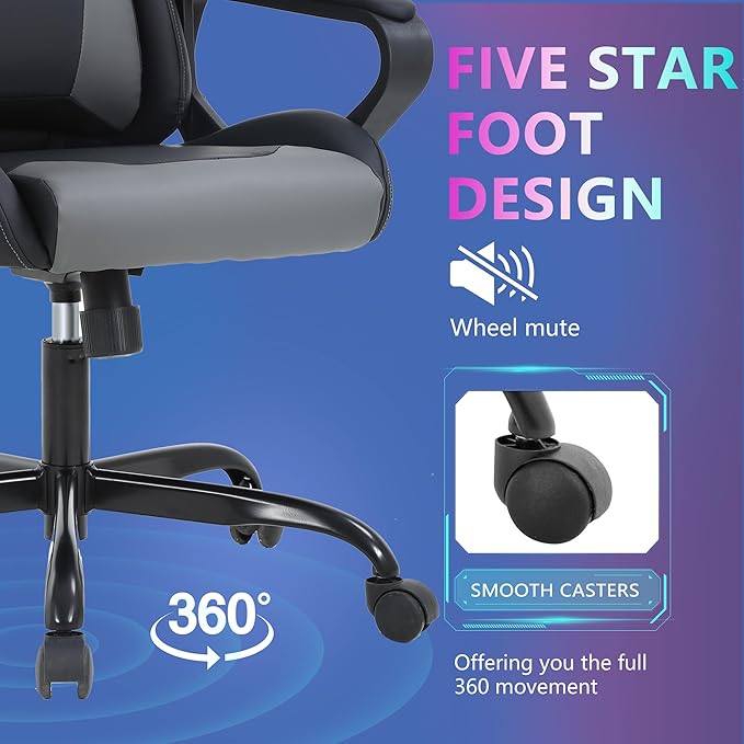 PayLessHere Ergonomic Racing Desk Chair Gaming Chair Computer Chair with Armrests 360° Swivel & Caster Pu Desk Task Chair Executive Headrest Lumbar Support for Back Pain Women Men and Adults (Grey)