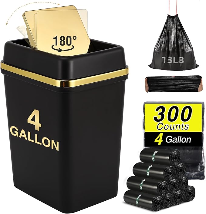 Bathroom Trash Can with Lid 4 Gallon Trash Can with Swing Lid Small Garbage Can Black Bathroom Trash Can with 300 Counts Trash Bags for Kitchen Bedroom Office Dorm
