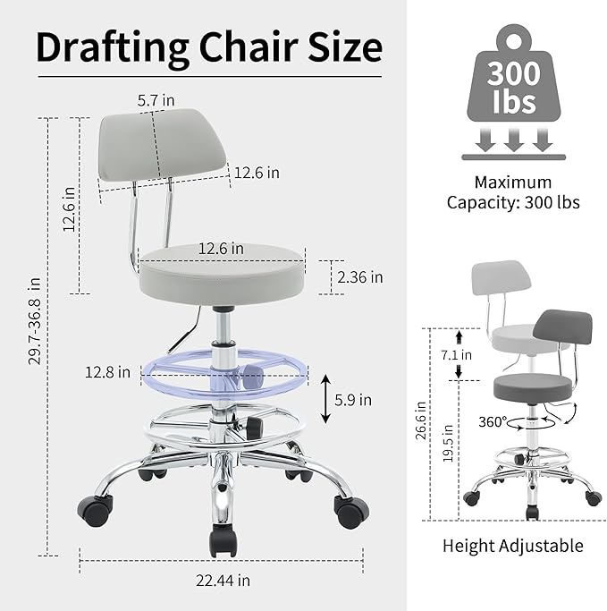 FIRAVOE Drafting Stool (Height Adjustable Office Chair with Footrest 19.5"-26.6")(Drum Stool with Back) Space Saving Tattoo Chair (Gray)