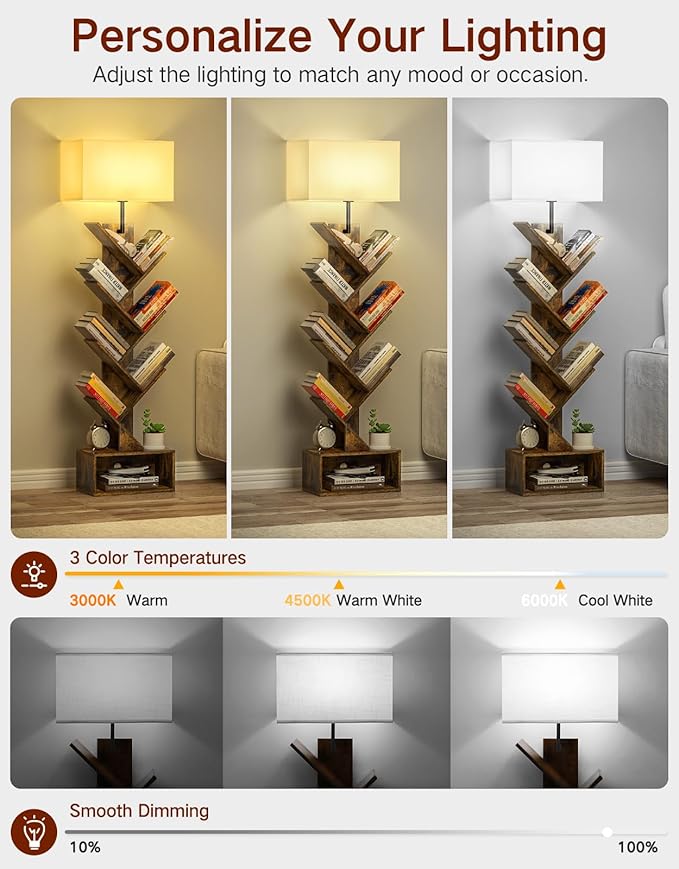 6 Tier Tree Bookshelf with Light, Remote & Timer, Modern Tall Floor Standing Book Shelf, Narrow Wood Bookcase, Small Book Organizer Shelves for Living Room, Bedroom, Office (Rustic Brown)