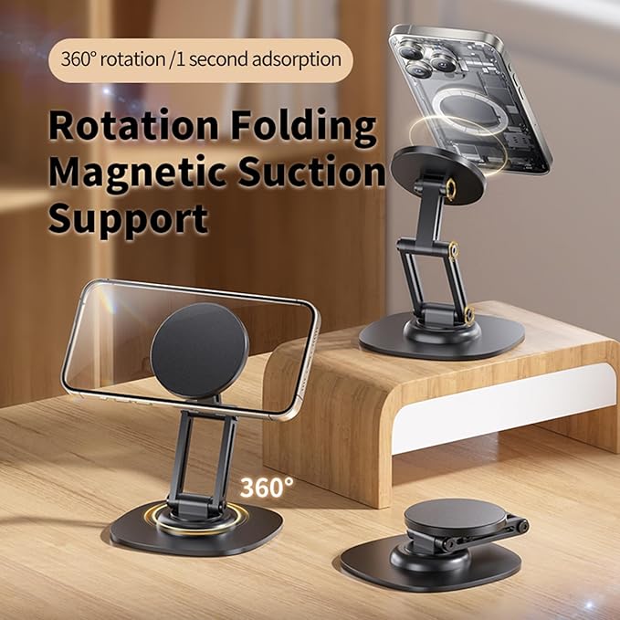 Magnetic Phone Stand for Desk 360 Rotating Adjustable Foldable Aluminum for MagSafe Cell Phone Stand Holder with Non-Slip Base Desk Stand for iPhone 17 16 Pro Max/15/14/13/12 Plus Air (Black)
