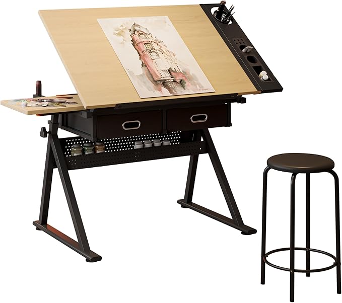 Height Adjustable Drafting Table, 0-75° Tilting Drawing Table Art Desk for Adults, Artist Desk with 2 Storage Drawers, Watercolor Paintings Sketching Workstation with Stool for Home Office