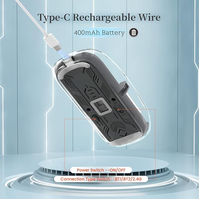 A.JAZZ Wireless Bluetooth5.1&2.4G Mini Lightweight Mouse,Transparent Clear Cool,Rechargeable Silent Computer Mice,Nano USB C Receiver,LED Battery Magic Silm for Office/PC/Mac/Laptop/Apple/ipad(Grey)