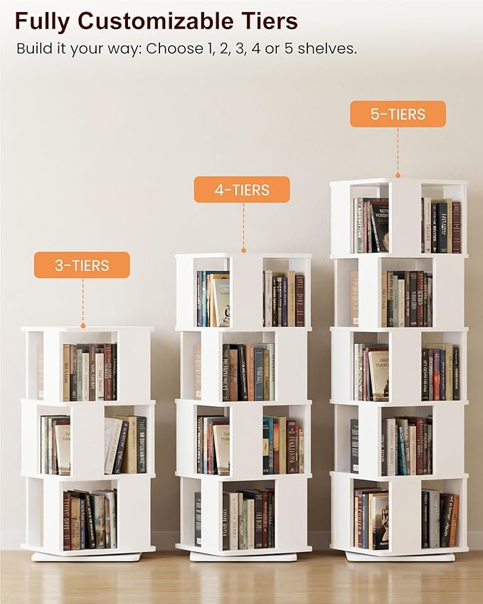 Foxemart 5-Tier Rotating Bookshelf Tower, 360° Spinning Modern Book Storage Bookcase, Stable Display Corner Book Shelf for Kids Room, Living Room, Bedroom, Home Office, White