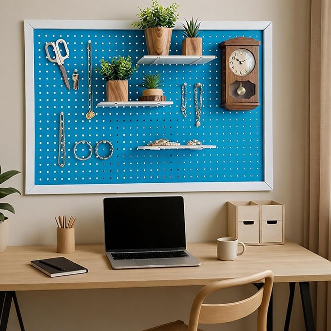 Weysat 36 x 24 Inch Decorative Wood Pegboard Wall Organizer with Frame Large Display Board Kit with 3 Shelves 18 Nails Aesthetic Board Wall Organizer Craft for Room, Office, Sewing (Blue)